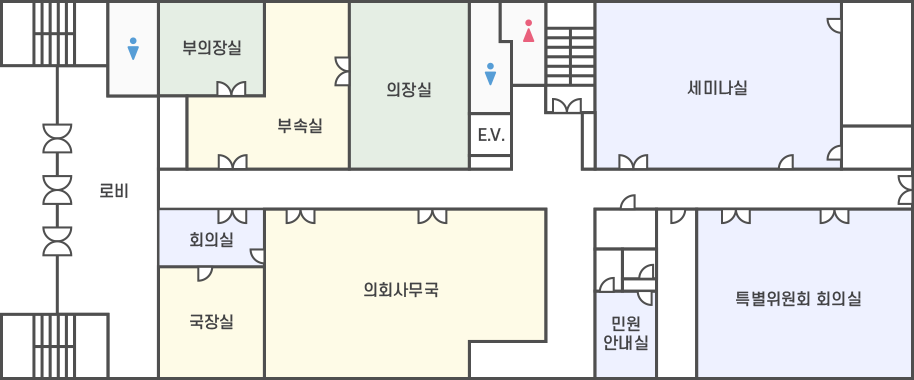 1f | 부의장실 / 부속실 / 의장실 / 세미나실 / 특별위원회 회의실 / 민원안내실 / 의회사무국 / 회의실 / 국장실 / 비서실이 위치하고 있습니다.