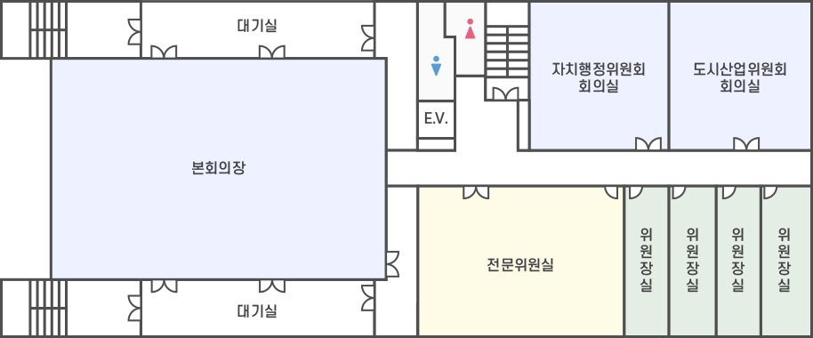 2f | 본회의장 / 대기실 / 자치행정위원회 회의실 / 도시산업위원회 회의실 / 상임위원회 위원장실 / 전문위원실이 위치하고있습니다.