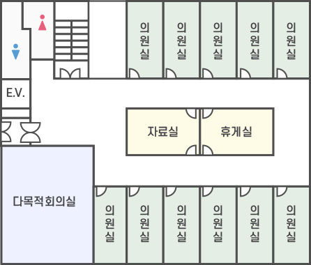 3f | 의원실 / 다목적회의실 / 회의실 / 자료실 / 휴게실이 위치하고 있습니다.